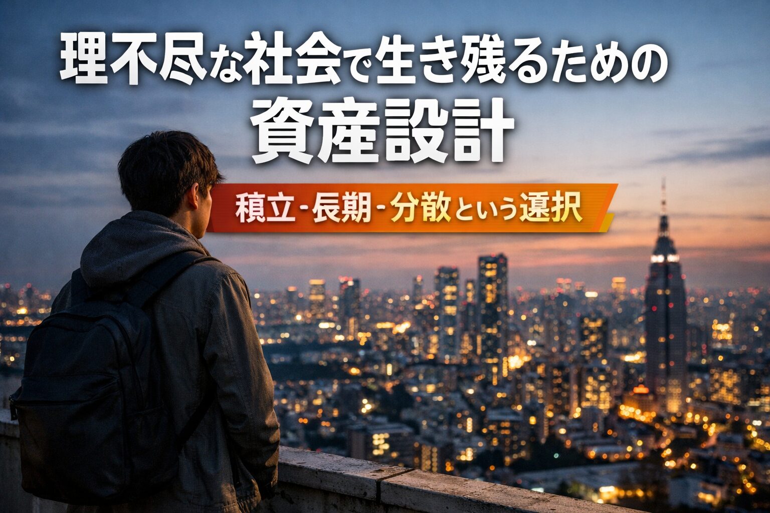 夕暮れの都市を見渡す若者の後ろ姿と夜景を背景に、「理不尽な社会で生き残るための資産設計｜積立・長期・分散という選択」という文字が配置された写真風アイキャッチ