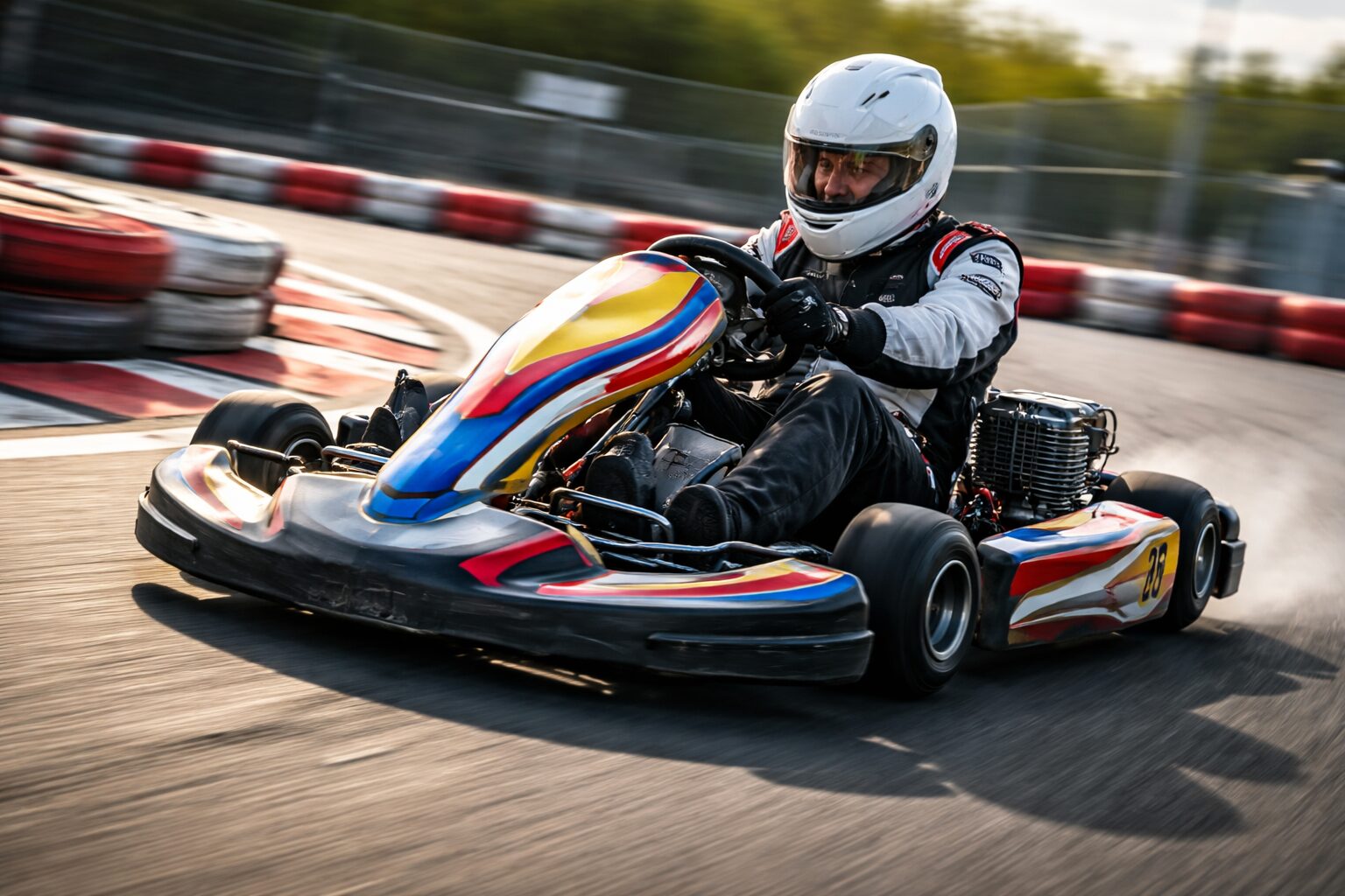 レンタルカートで下りからヘアピンへ進入するシーン。腕を伸ばし背中をシートに押し付け、安定した姿勢でコーナーを攻めるドライバー。