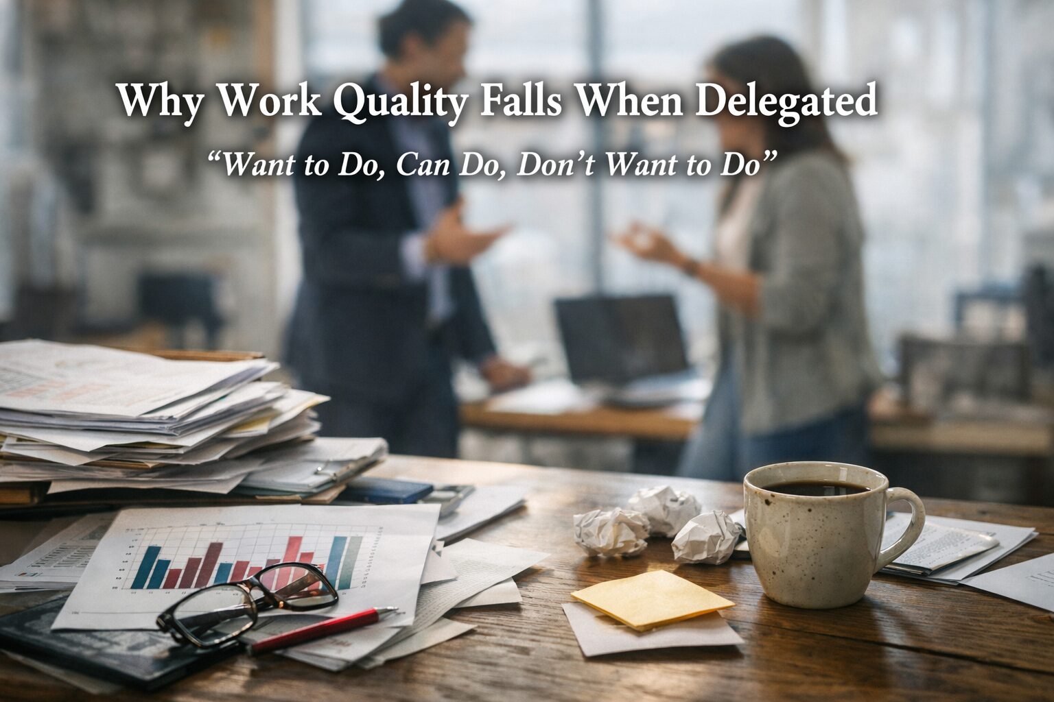 書類が散らかったデスクと、背景で議論する二人の人物。仕事を依頼した結果、成果品質が下振れする状況を象徴する写真。