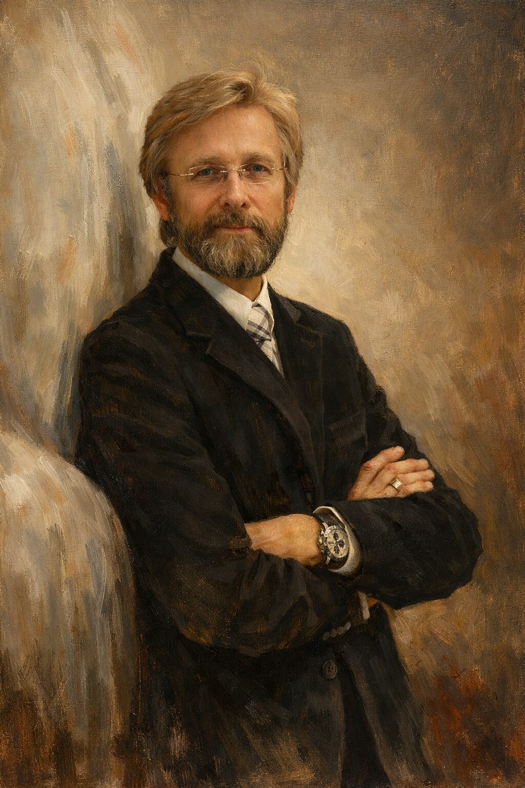 クリス・バングルの肖像をもとにした絵画風イメージ。BMWデザインを率いた時代の象徴的な姿を表現