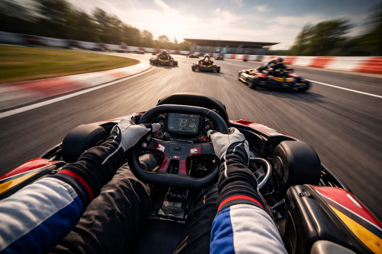 レンタルカートでサーキットを全開走行するドライバー目線のコックピット。ステアリングを握る両手と前方を走るカートがスピード感と緊張感を伝えている。