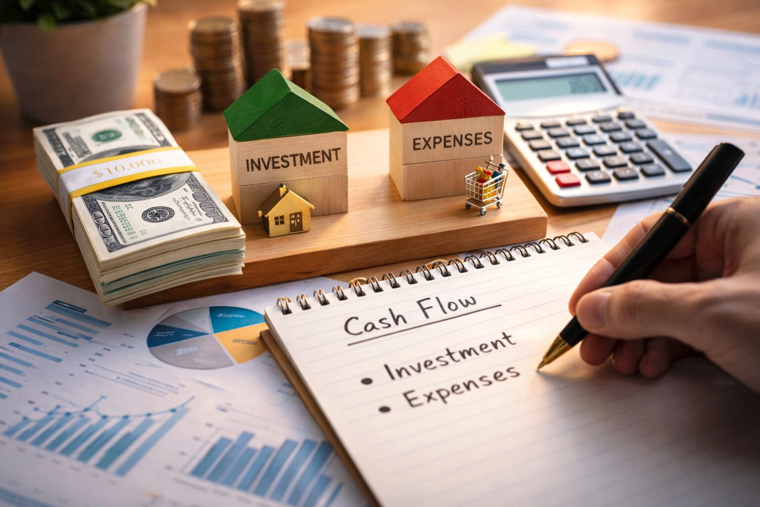 投資用キャッシュと生活費を分けて考えるキャッシュフロー戦略を象徴するデスク風景