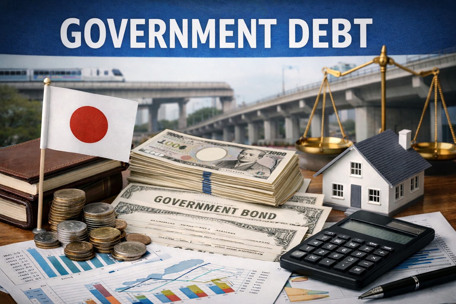 日本円と国債証書、住宅模型、天秤を配置した政府債務を象徴する写真