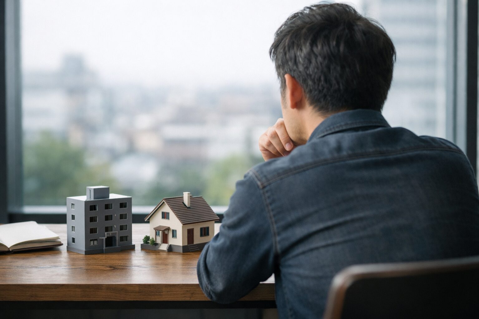 持ち家と賃貸の選択を前に、住宅模型を見つめながら思索する人物。合理性と心理の間で揺れる「所有」の感覚を象徴した写真風イメージ。