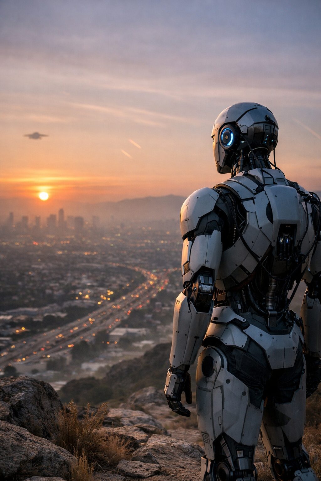 夕暮れの都市を見下ろす丘の上に立ち、地上を静かに見渡す成人AIを象徴するヒューマノイドロボットの後ろ姿