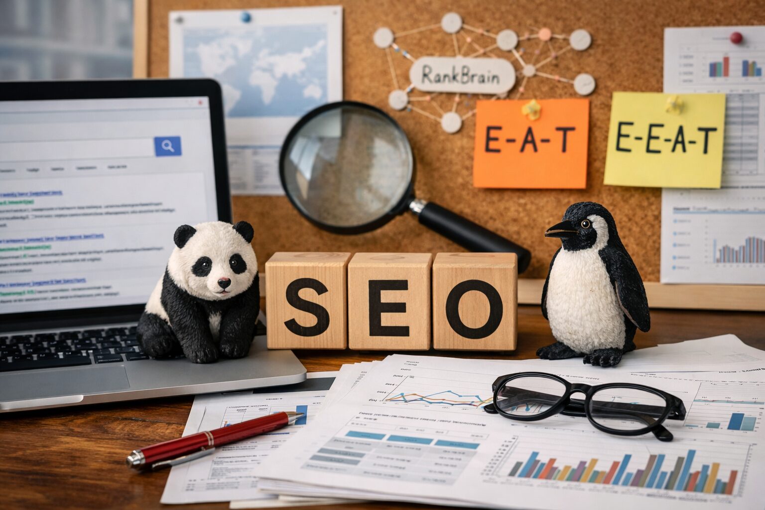 検索エンジンの進化を象徴するデスク風景。SEOの文字ブロック、PandaとPenguinの置物、RankBrainやE-E-A-Tを示すメモが並ぶ様子