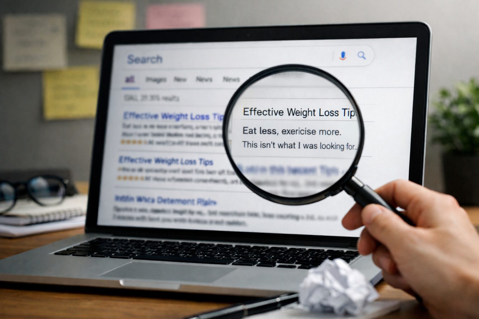 検索結果を虫眼鏡で確認している様子。検索ワードには合っていそうだが、内容が期待とずれている記事を示唆している。