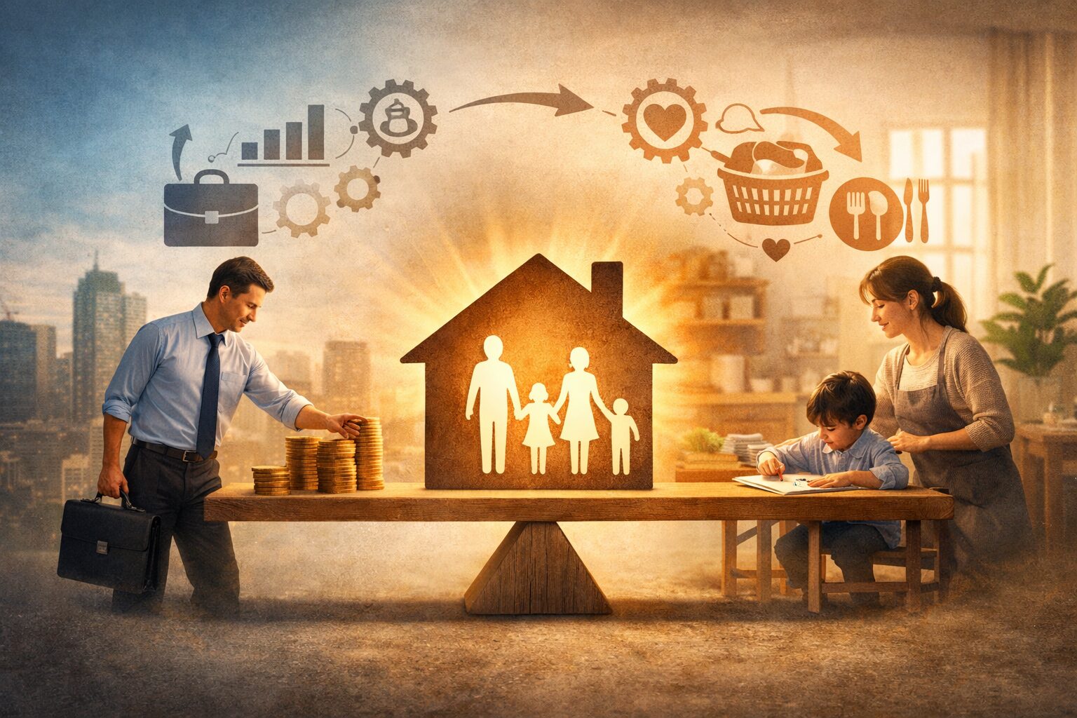 家庭内役務と稼得が組み合わさって価値を生む家庭の構造を示したイメージ。稼得とケア労働が均衡し、家族という価値が成立している様子。