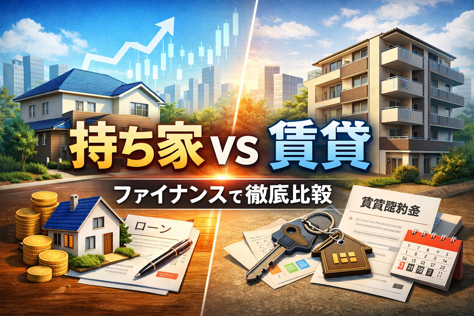 持ち家と賃貸をファイナンスの視点で比較したアイキャッチ画像。戸建住宅と賃貸集合住宅を対比し、住宅ローン、家賃、資産価値、流動性の違いを象徴的に表現している。