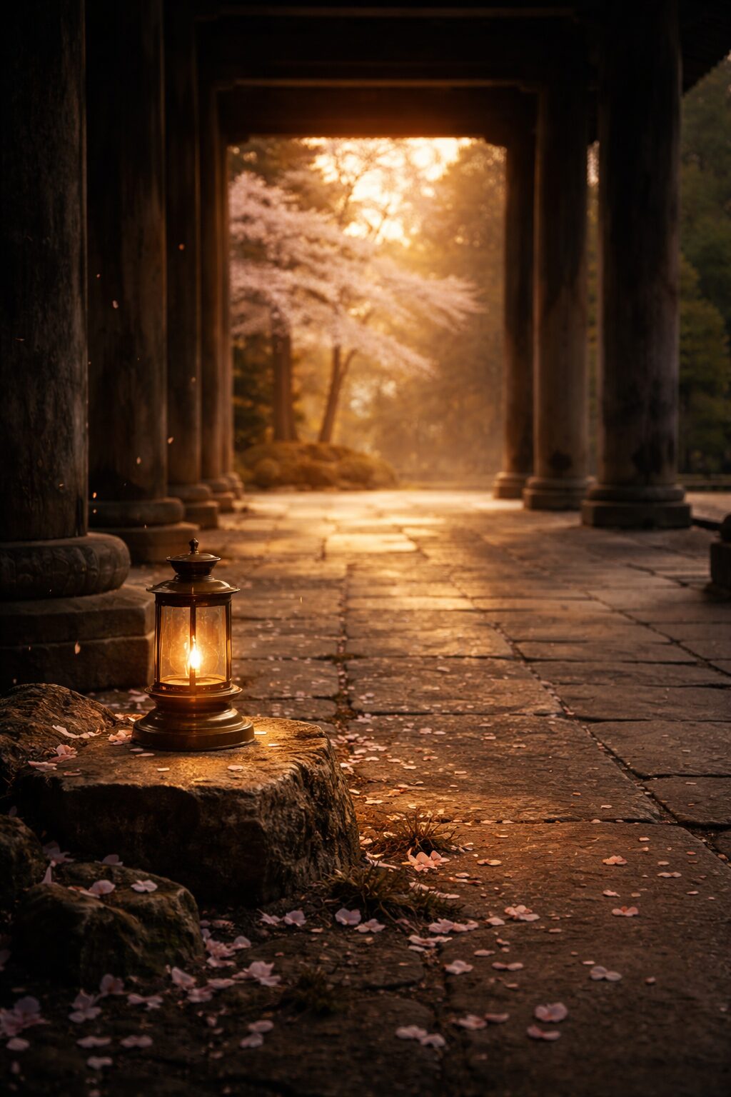 夕暮れの寺院回廊に灯る行灯と、連綿と続く時間を感じさせる静かな石畳