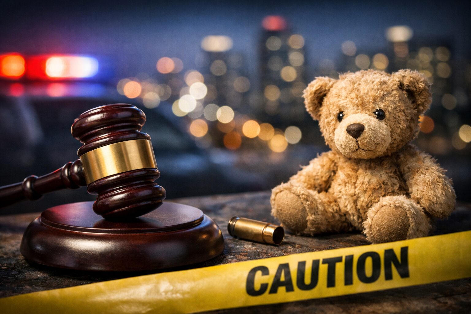 法の象徴である木槌と、子どもの持ち物を思わせるぬいぐるみ、薬莢、注意テープが並ぶ写真。共感と法規範の緊張関係を示唆している。