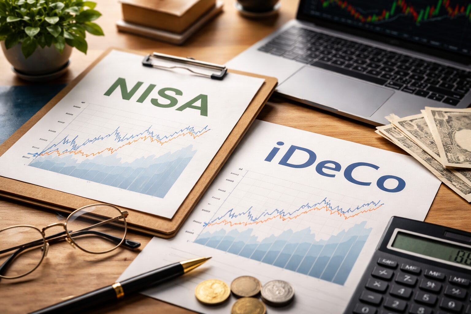 NISAとiDeCoの資料を並べ、株式チャートや計算機、紙幣を配置した資産形成を考えるデスクの写真