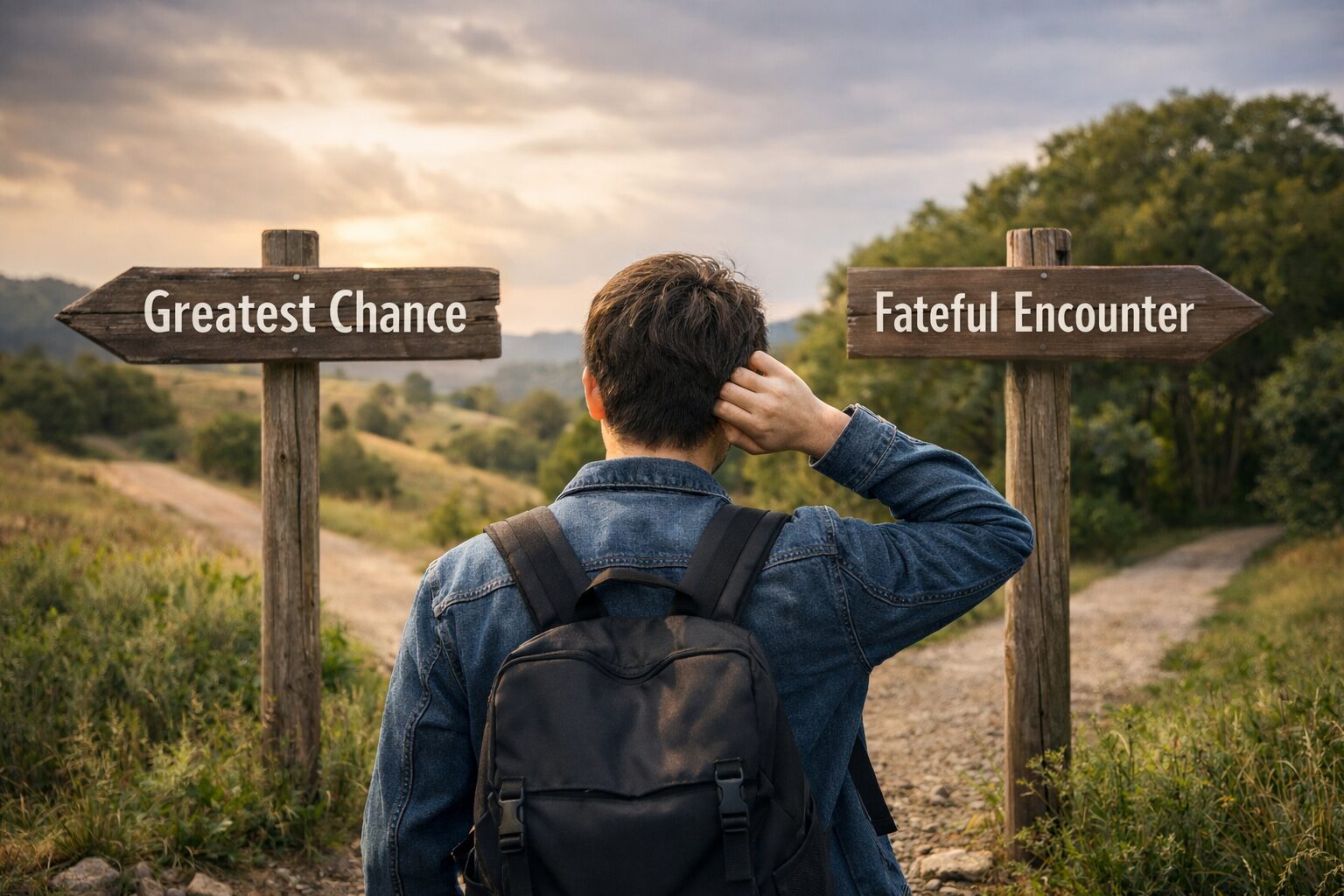 人生の分かれ道で立ち止まり、「人生最大のチャンス」と「運命の出会い」と書かれた道標を前に考え込む人物の後ろ姿
