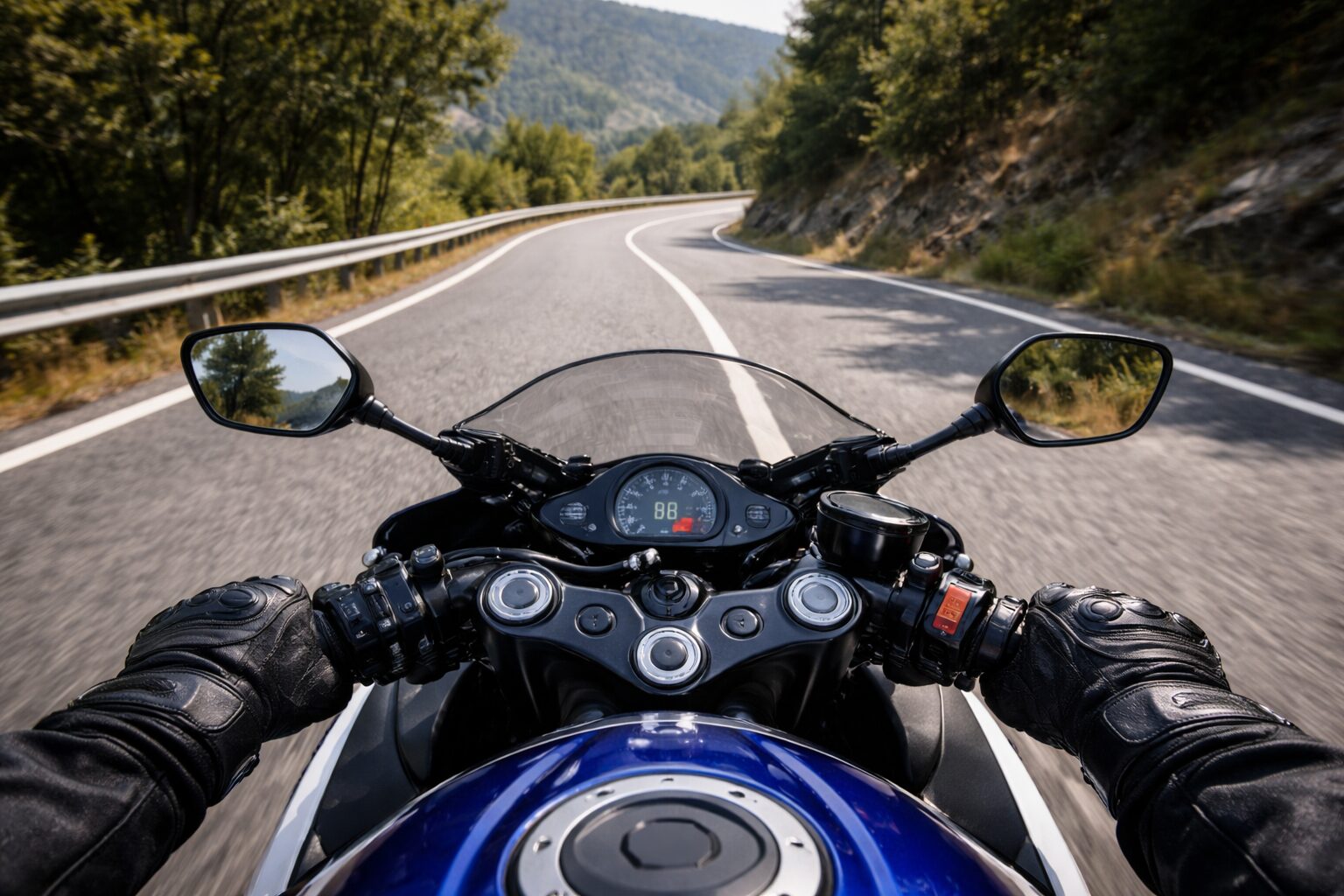 コーナー進入直前、ライダー視点で見たモーターサイクルの前方視界