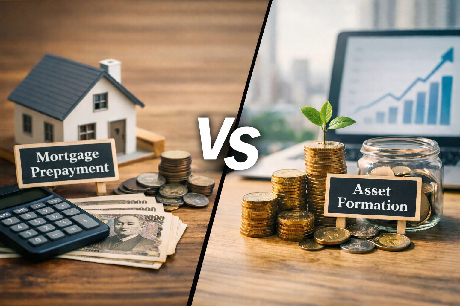 住宅ローンの繰り上げ返済と資産形成を比較するイメージ。左側に住宅と現金、右側に積み上がるコインと成長を示すグラフが配置された対比構図。