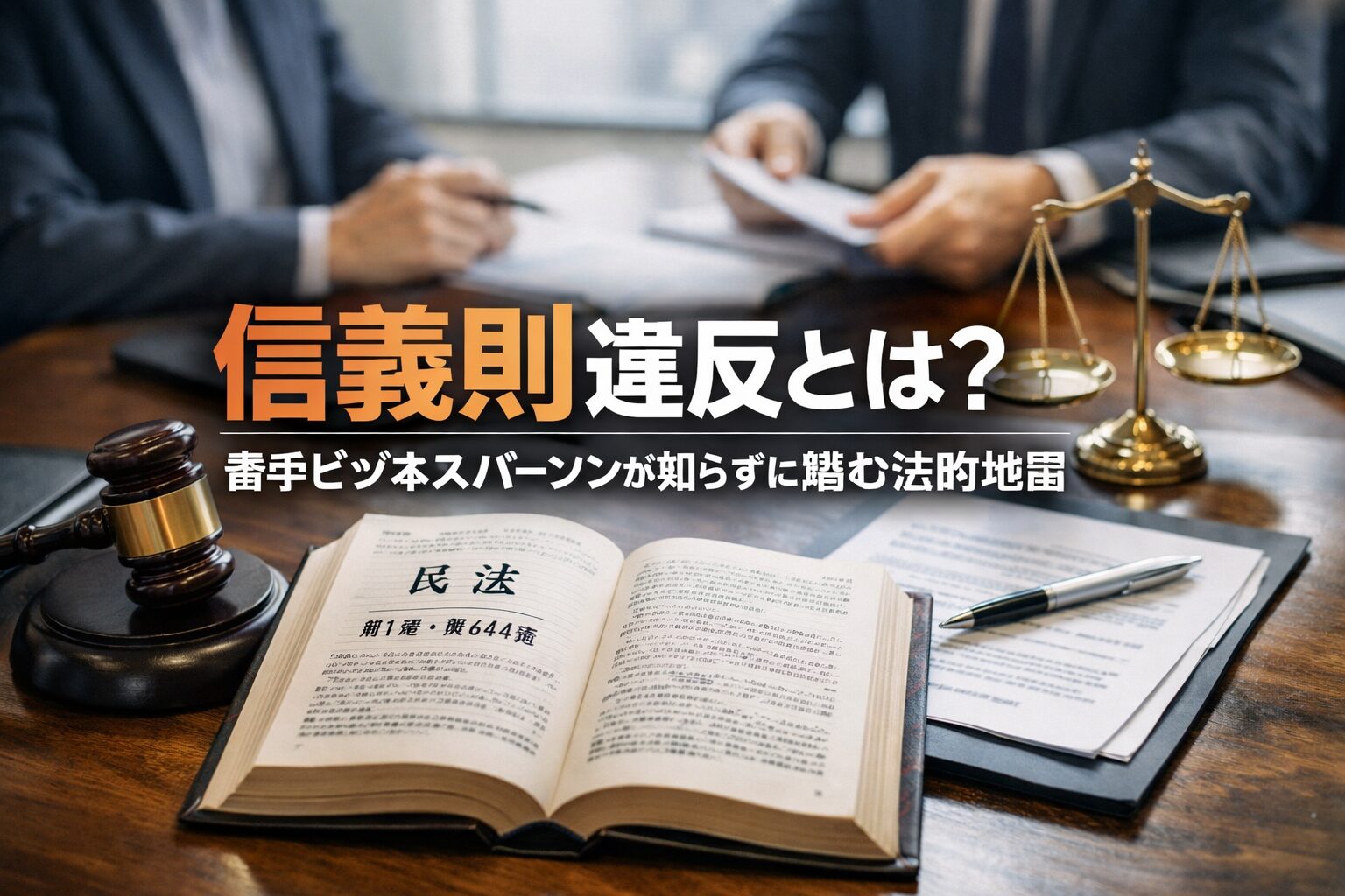 信義則違反と善管注意義務を示す民法の条文と法務資料を前に協議するビジネスパーソンの写真