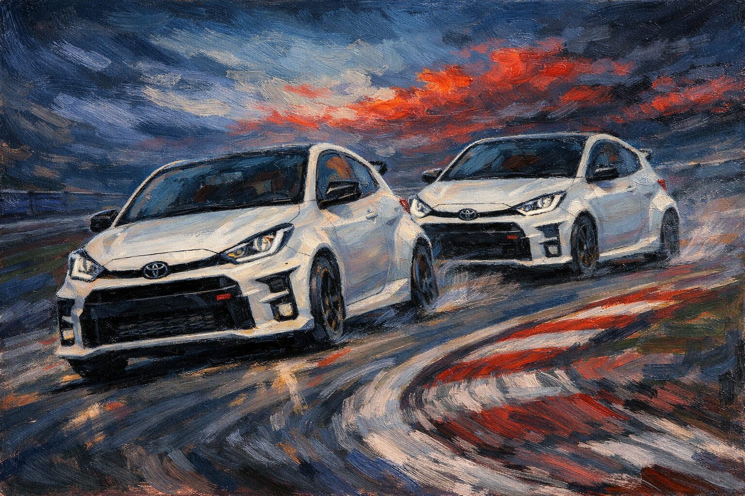 2台のGRヤリスがタイムを削りながら走っている様子