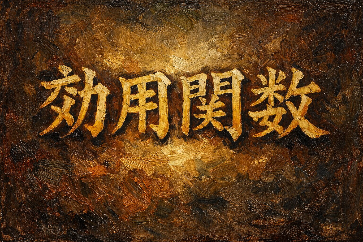 重厚な油絵風で描かれた「効用関数」という四文字の文字アート