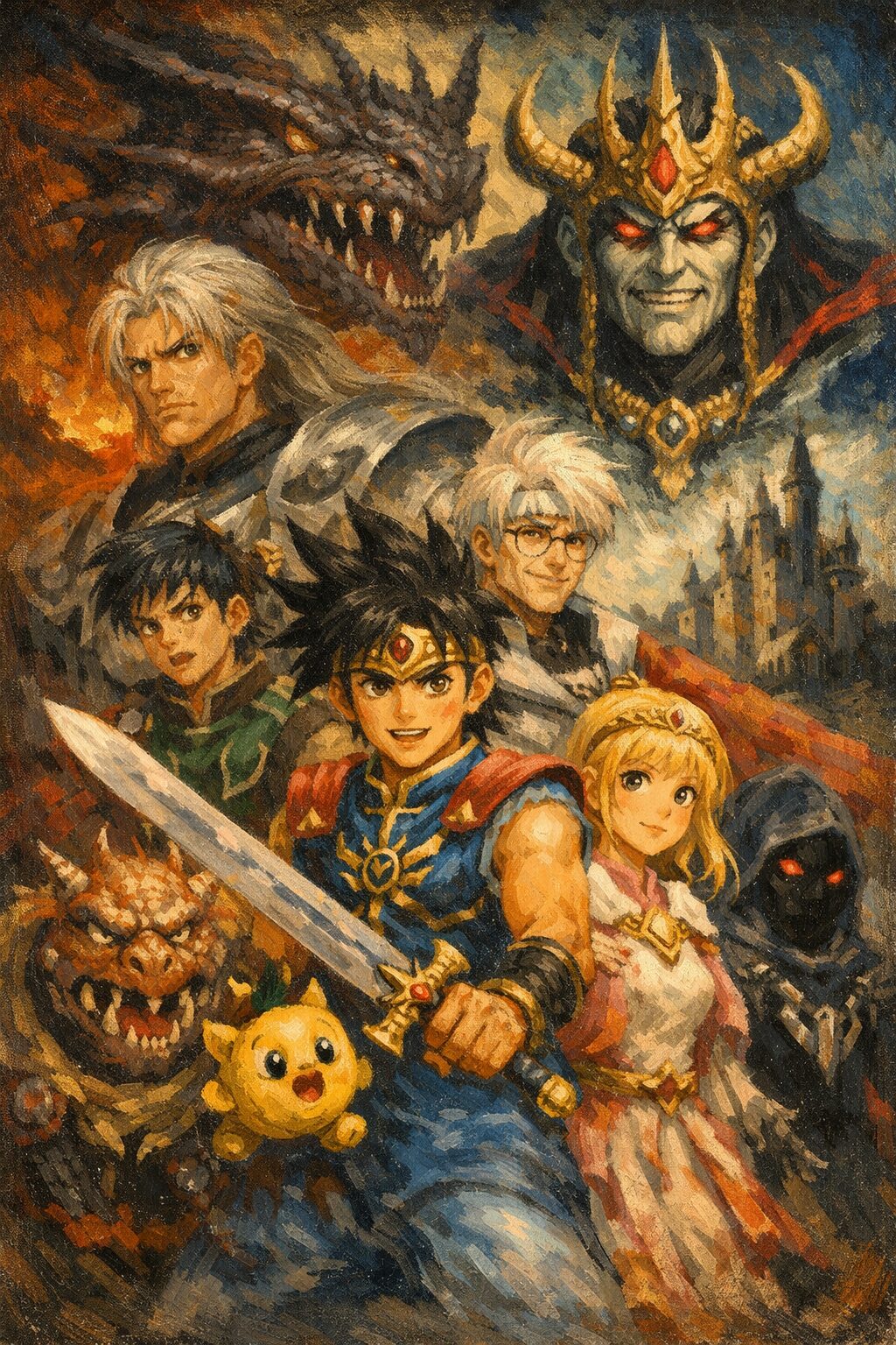 油絵風に描かれた『ダイの大冒険』の主要人物たち。中央にダイ、背後にバーンとバラン、地上と魔界の対立構造を象徴する構図。