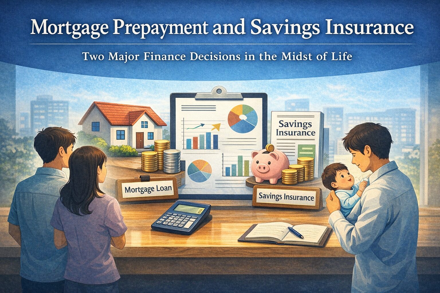 若い家族が住宅ローン返済と貯蓄型保険という人生途中の資金選択について、書類やグラフを前に考えている様子を描いたイラスト