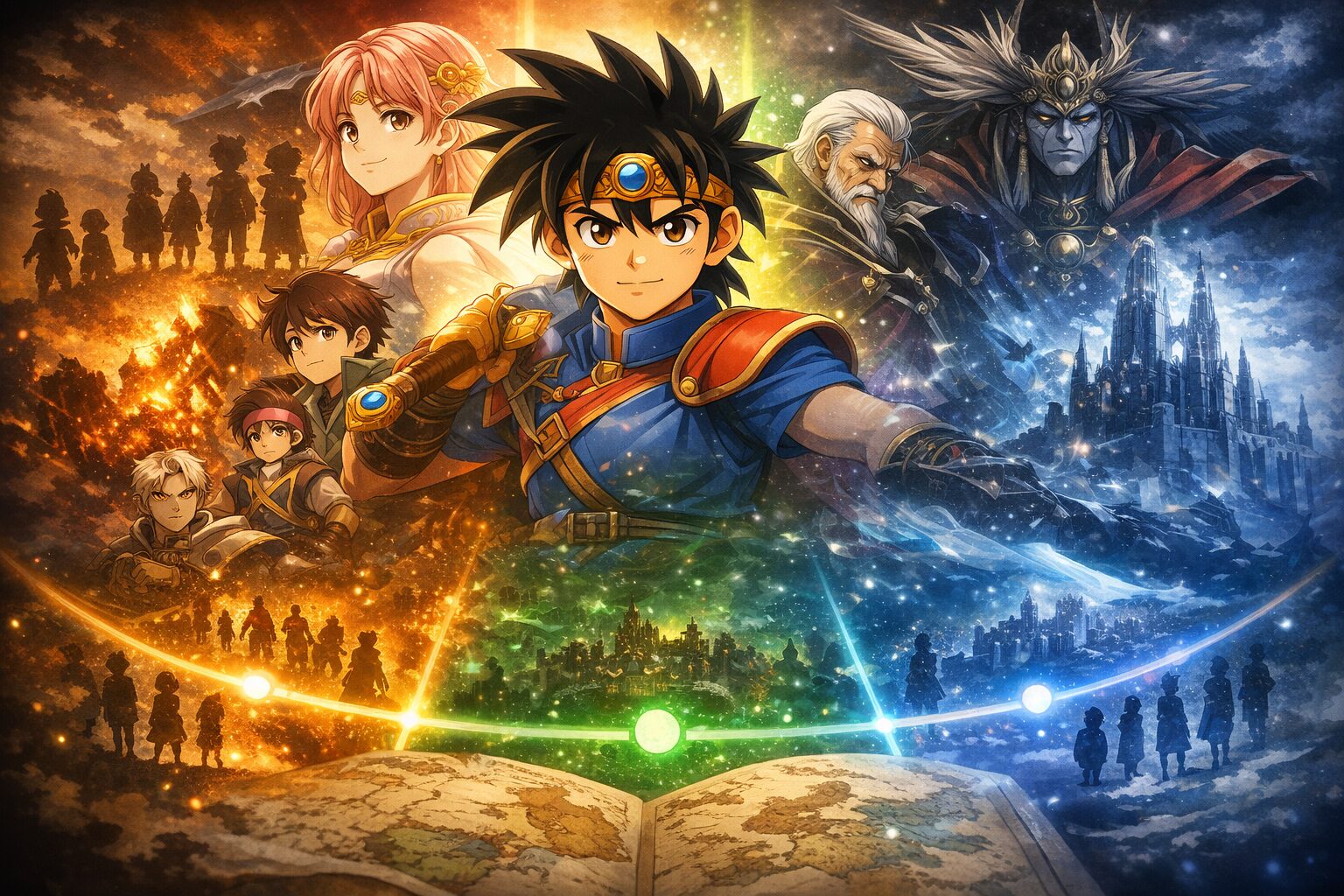 ダイを中心に、出会いと対立、世界の変化を象徴的に配置した『ダイの大冒険』の物語構造を示すイメージ