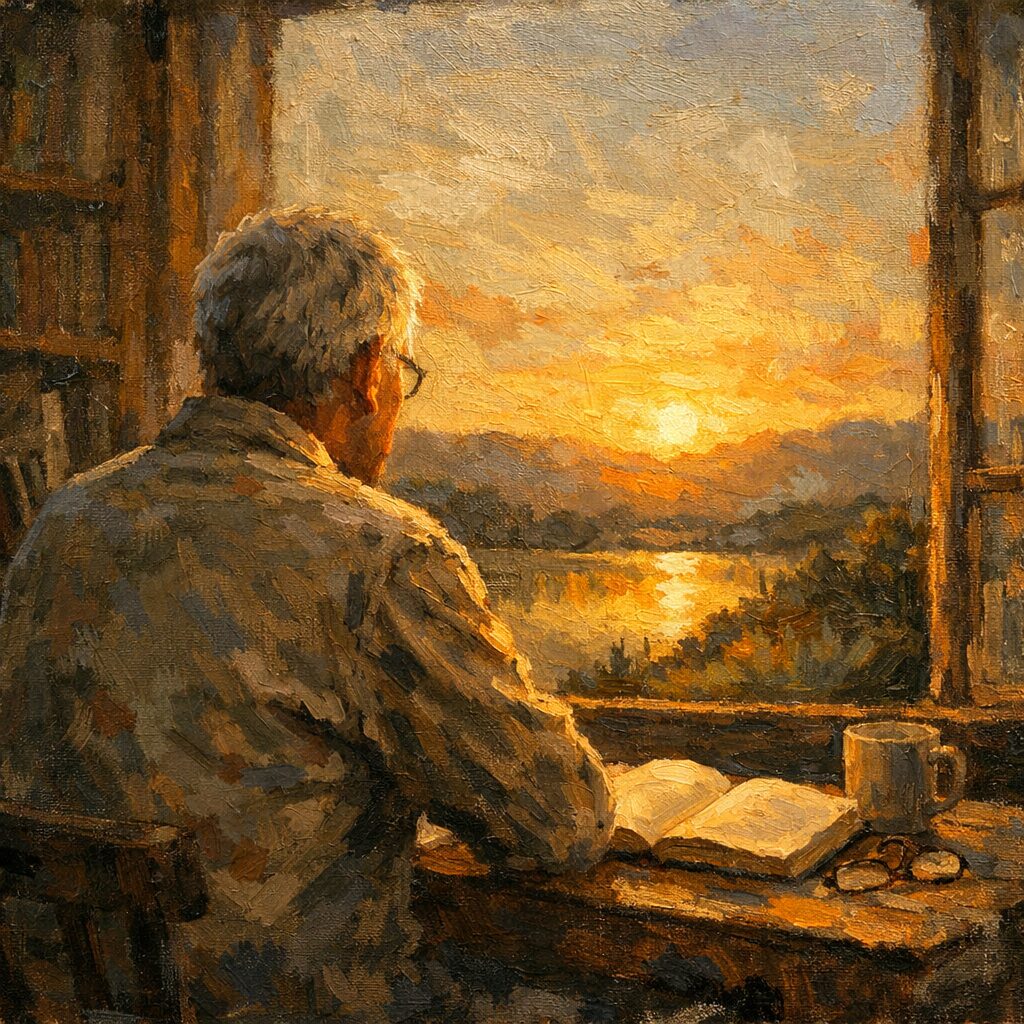 夕暮れの窓辺で本を前に思索するシニア男性を描いた油絵風イラスト