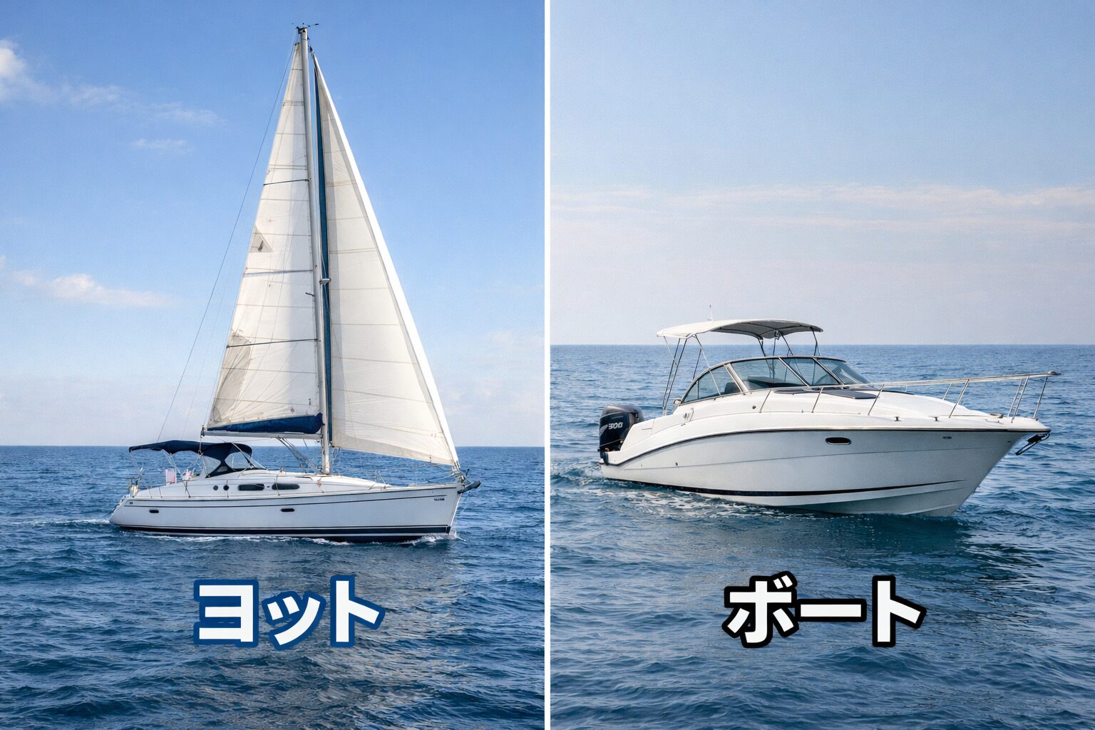 約30フィートの典型的なヨット（帆走船）とボート（モーターボート）を並べて比較した画像。左に白い帆を張ったヨット、右にエンジン付きのボートが写っている。