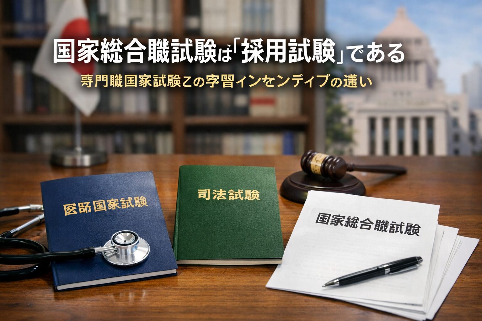 国家総合職試験と医師国家試験・司法試験を並置し、試験合格後の学習インセンティブの違いを象徴的に示した写真風イメージ