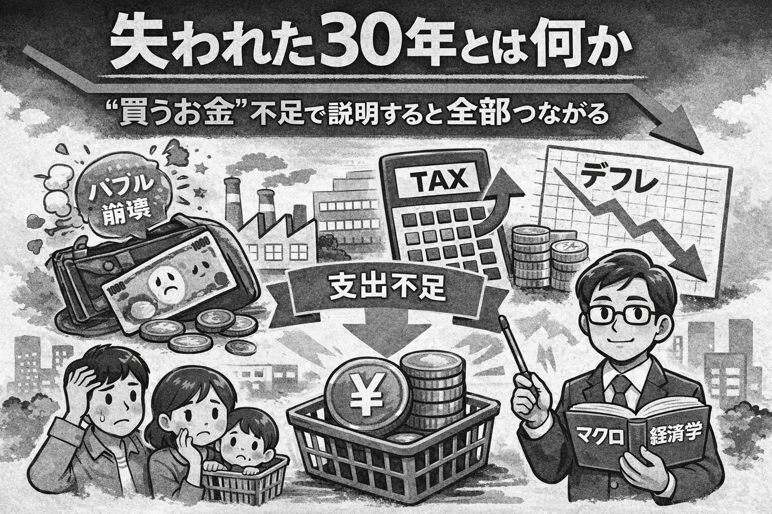 失われた30年を「買うお金（名目支出）の不足」で説明した白黒イラスト。バブル崩壊、デフレ、増税、支出不足が連鎖し、日本経済が停滞した構造を示している。
