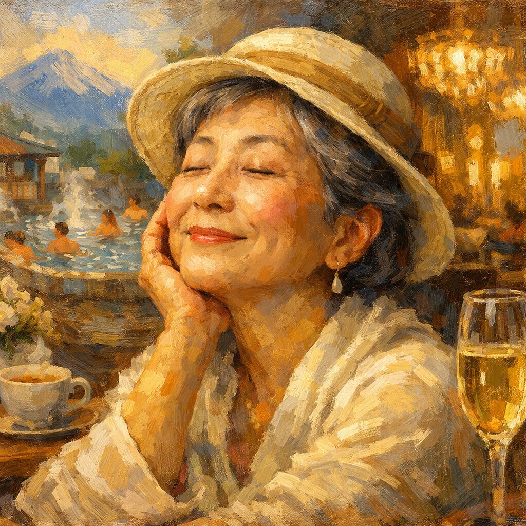 ラグジュアリーを体感した瞬間、静かな心地よさに包まれる女性の表情を描いた油絵風イラスト