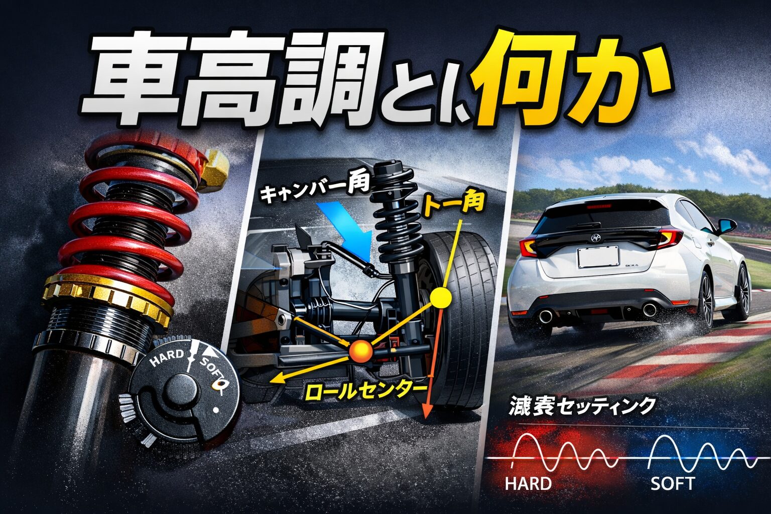 車高調とは何かをテーマに、コイルオーバーサスペンション、サスペンションジオメトリー図、サーキット走行中のGRヤリスを組み合わせた解説用アイキャッチ画像