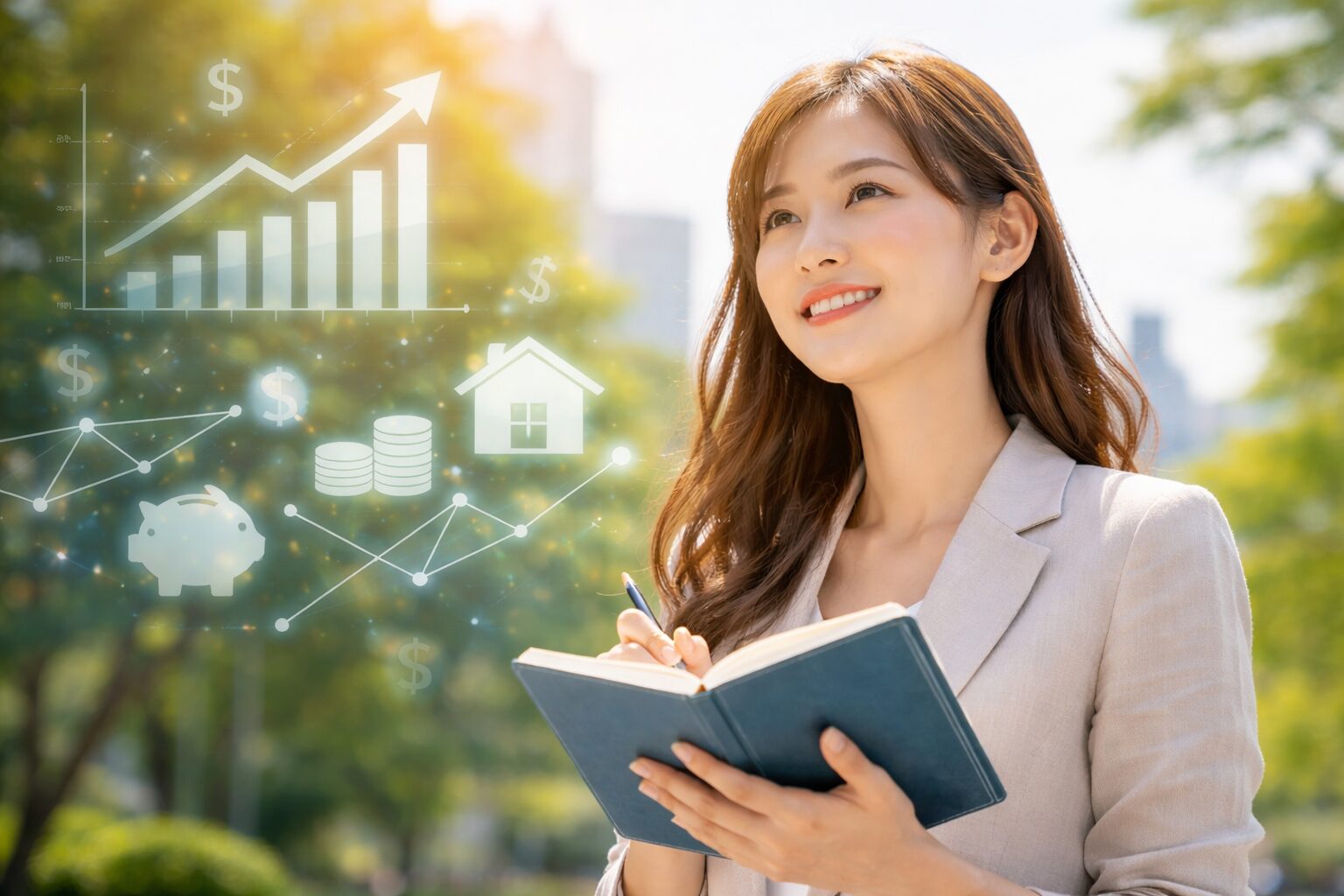 ファイナンス知識を身につけ、前向きに将来を考える若い人物の写真。知識によって世界の見え方が変わることを象徴している。