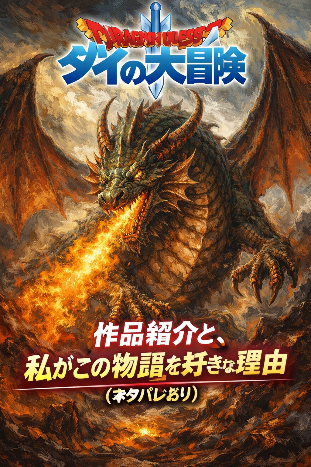 欧州的な竜が炎を吐く姿を油絵調で描いたファンタジーイラスト。ドラゴンクエスト ダイの大冒険を象徴する重厚な世界観。