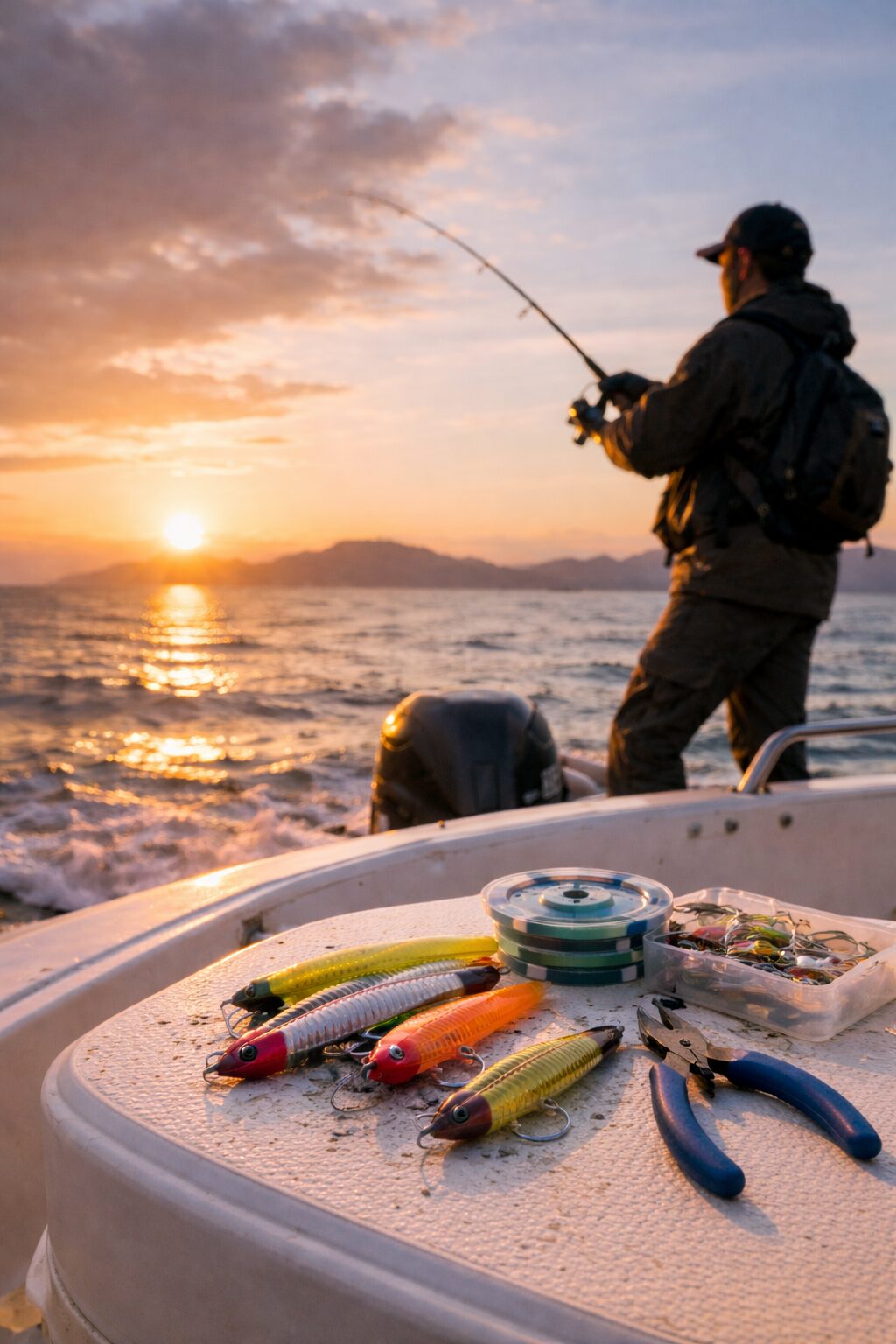 夕暮れの海でボートからルアーを投げる釣り人と、船上に並べられたルアーや釣具