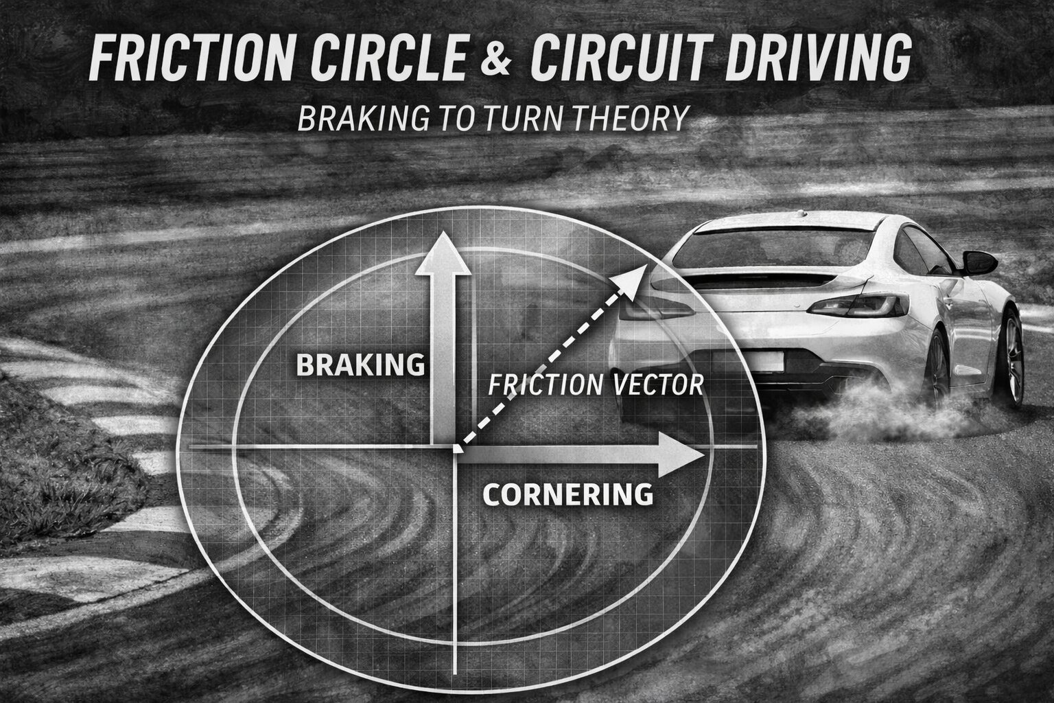 サーキットでコーナー進入中のスポーツカーの白黒油絵調画像に、ブレーキング・コーナリング・合成ベクトルを示す摩擦円の図を重ねたイメージ。