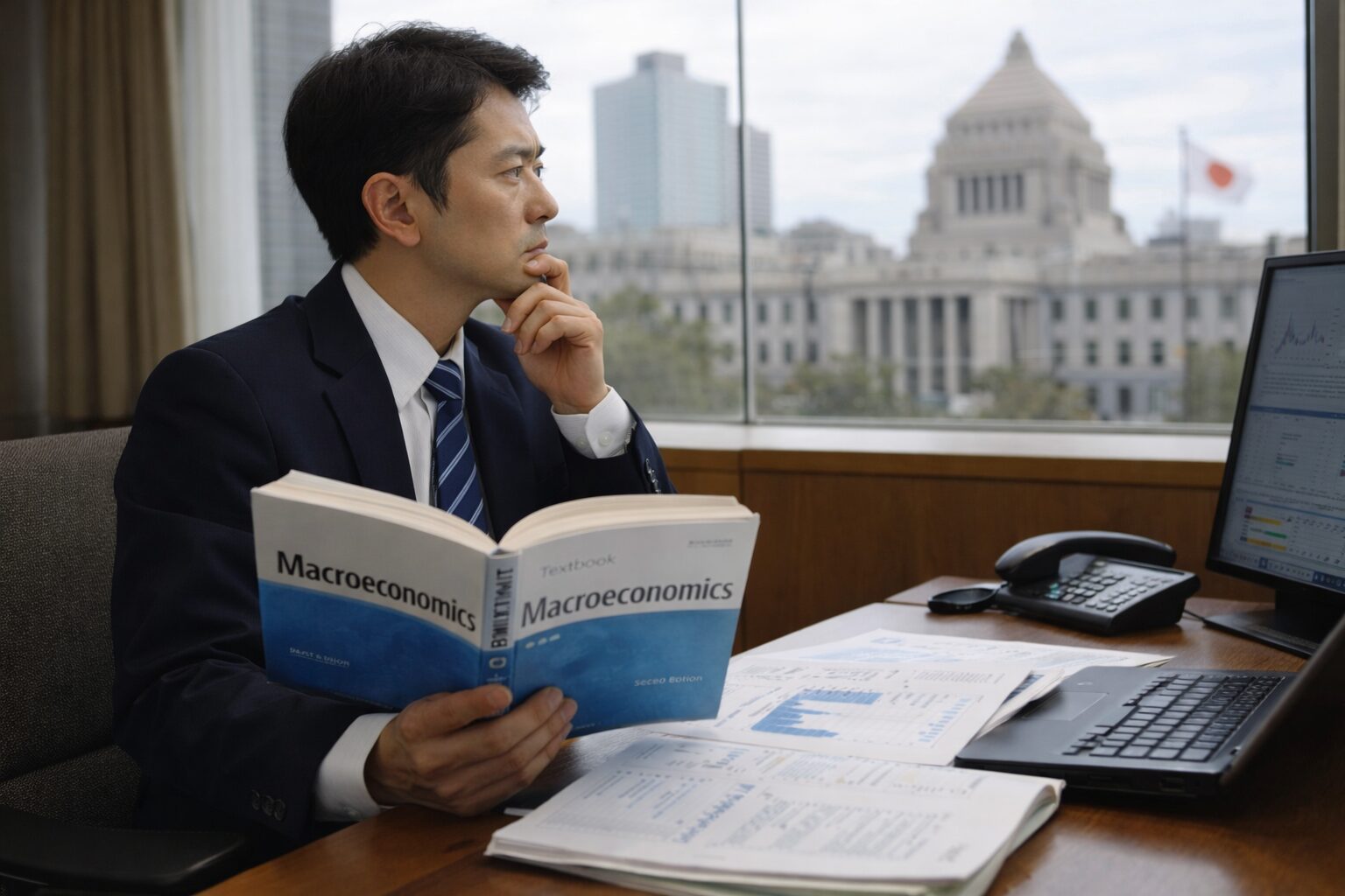 霞が関の国会議事堂を望むオフィスで、マクロ経済学の書籍を読みながら政策資料に向き合う中央官庁職員の姿