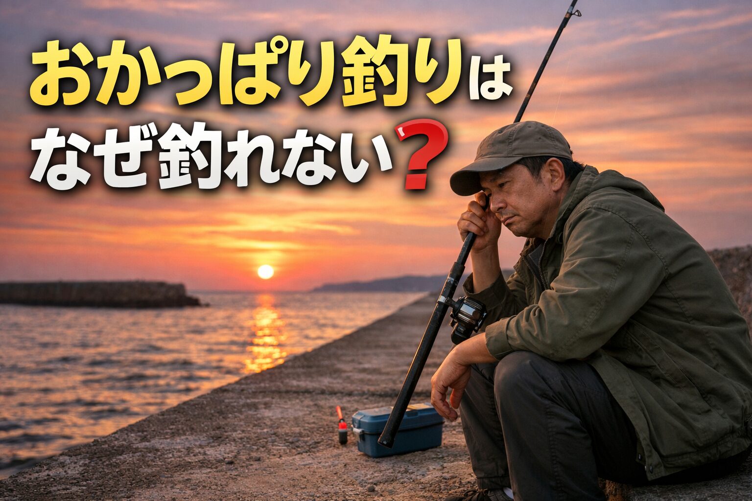 夕暮れの防波堤で竿を手に座り込み、釣れずに考え込む男性。おかっぱり釣りが釣れない理由を問いかけるイメージ。