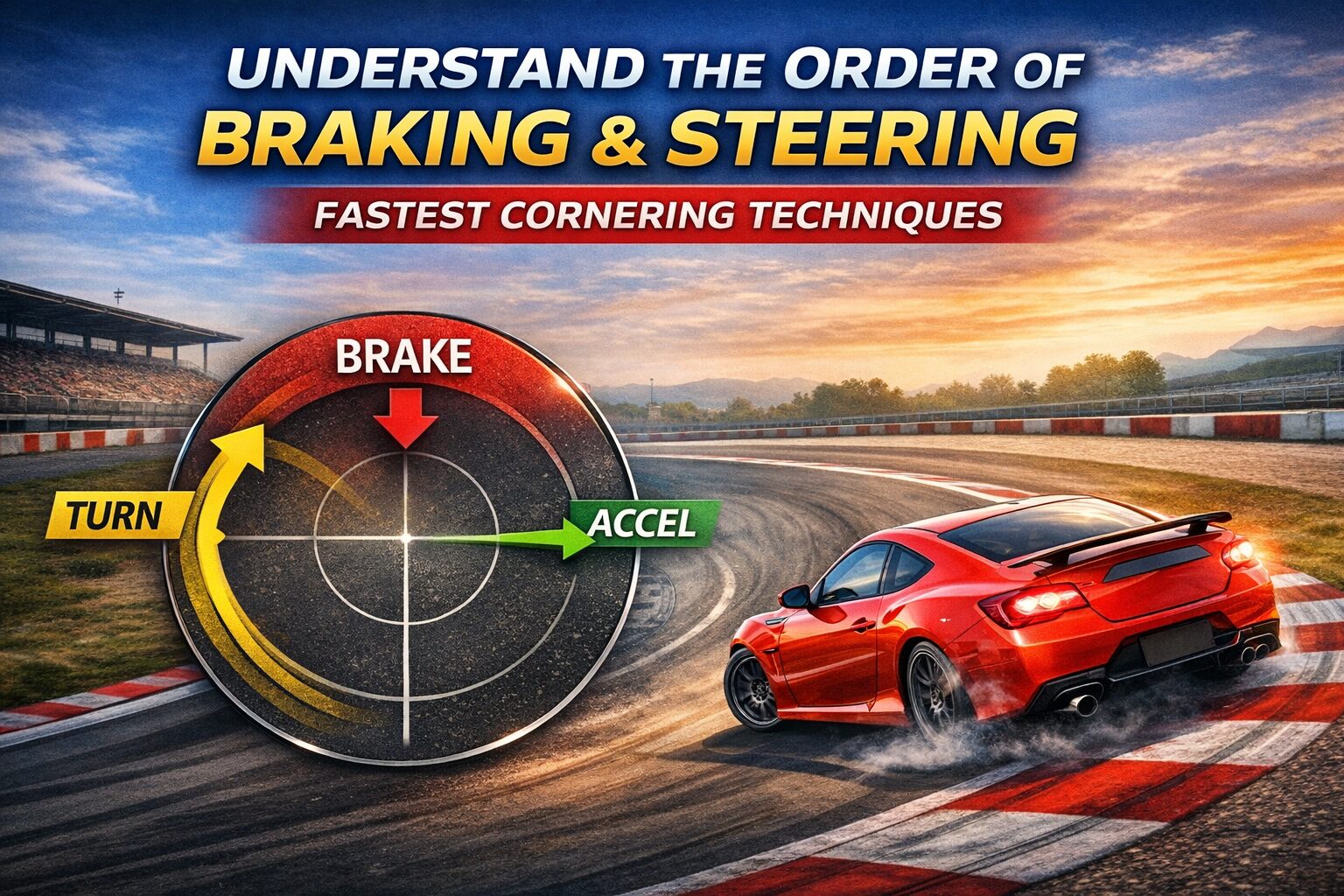サーキットで旋回する赤いスポーツカーと、ブレーキ・舵角・加速の順番を示した摩擦円の図
