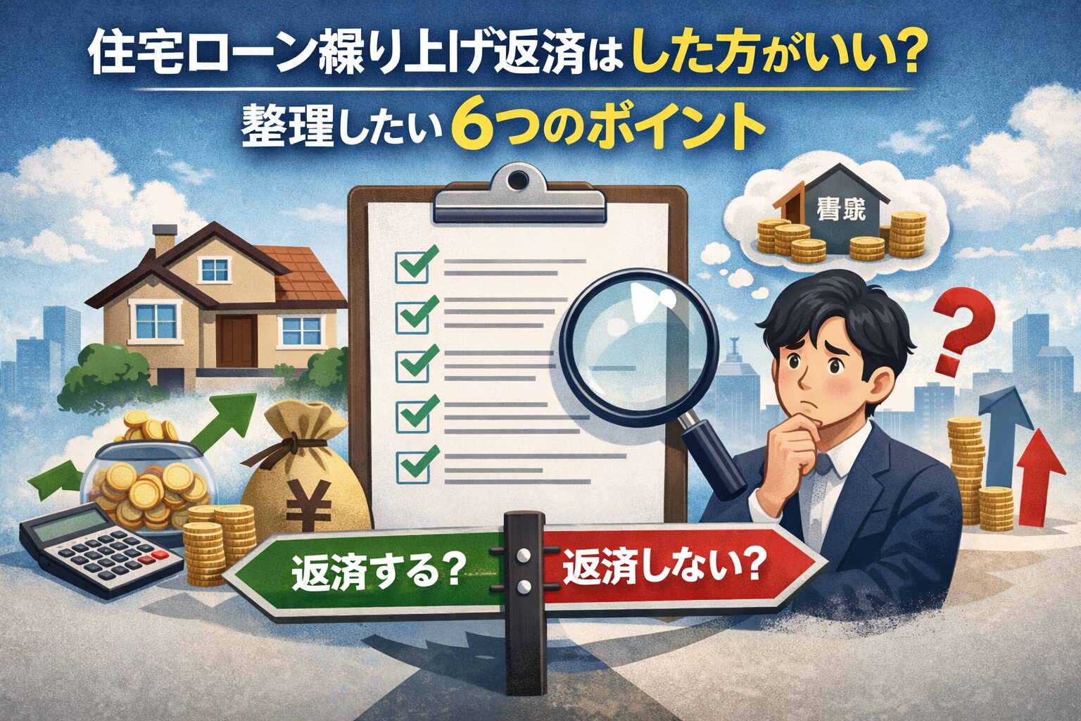 住宅ローン繰り上げ返済をするかしないか迷う男性と、チェックリストや家・お金のアイコンが配置された判断イメージ図