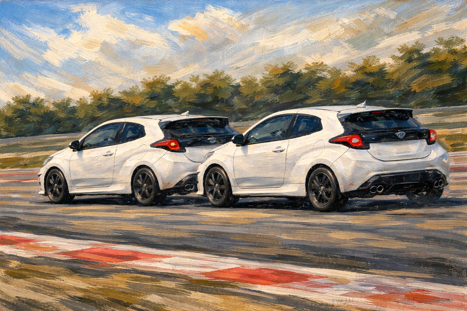 白いトヨタGRヤリス2台がサーキットを並走する様子を、やや後方から捉えた油絵調のイラスト