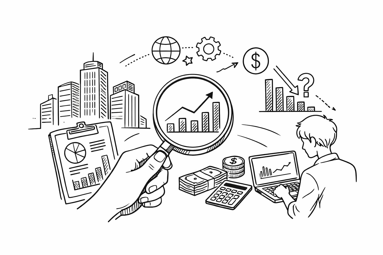 若い分析者が拡大鏡を通して企業データを読み解き、大企業の財務状況を冷静に分析している様子を、白地に黒い線画で表現したイラスト