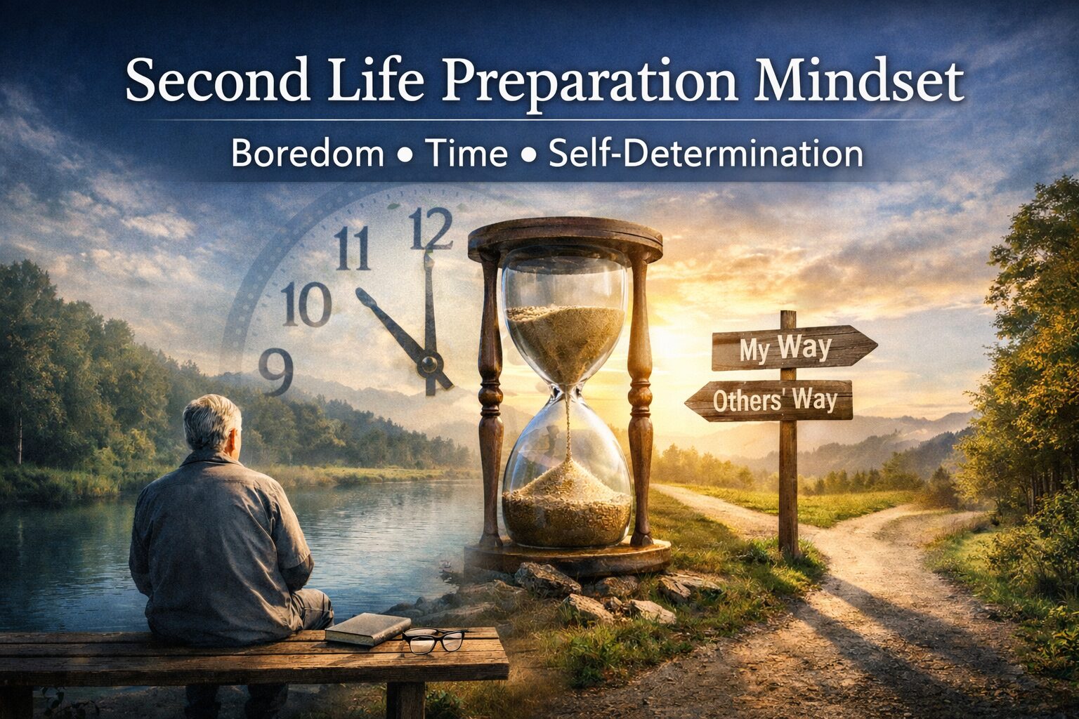 湖畔で夕暮れを見つめる高齢の男性と、背後に置かれた砂時計と分かれ道の標識。時間の有限性と自己決定の重要性を象徴するイメージ。