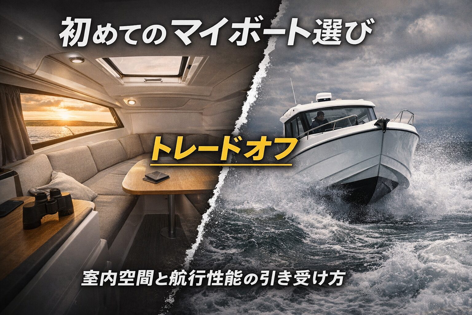 船首キャビンの広い室内空間と、荒波を進むモーターボートを対比し、室内空間と航行性能のトレードオフを示したアイキャッチ画像