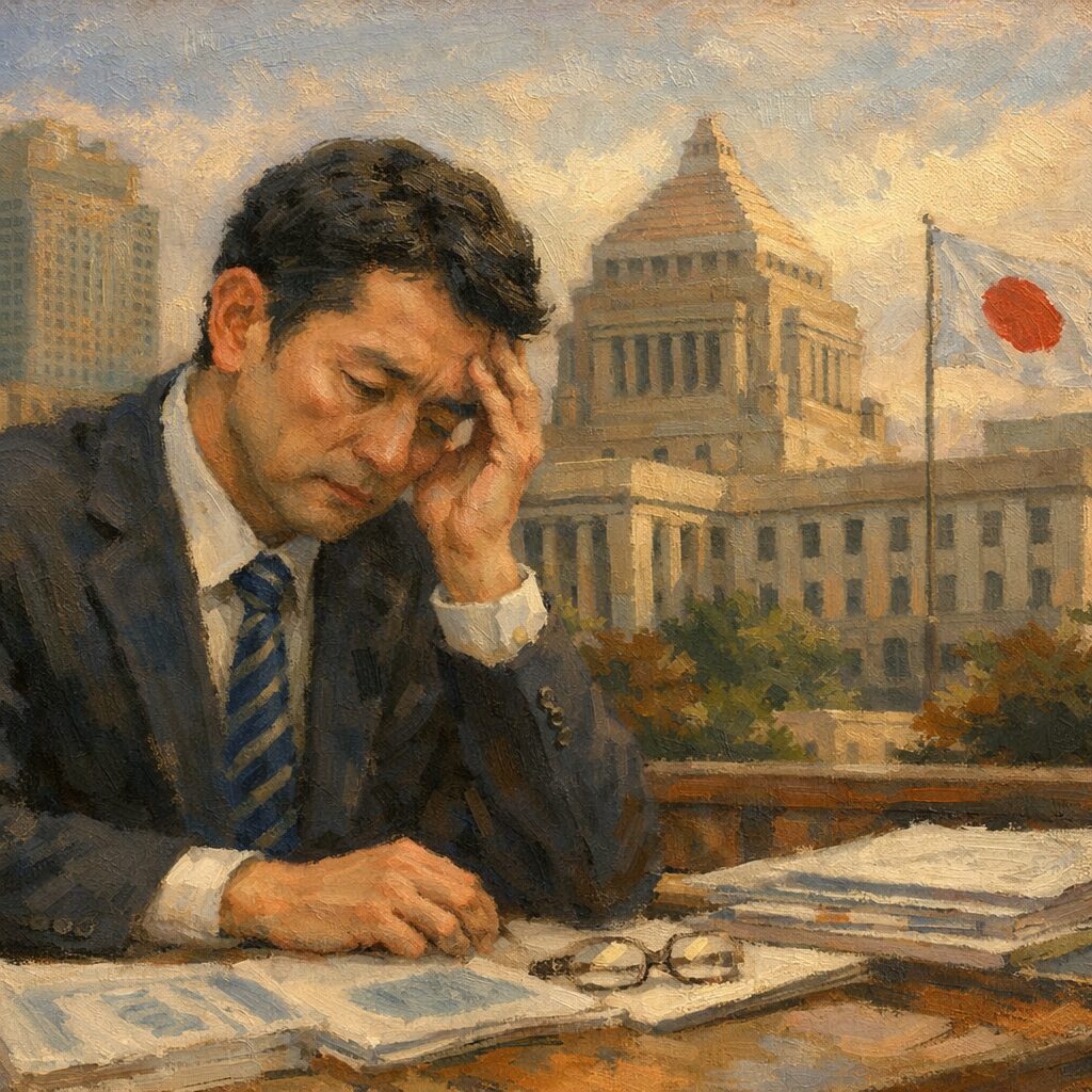 霞が関の国会議事堂を背景に、書類を前に思索する中央省庁の官僚を描いた穏やかな油絵調のイラスト