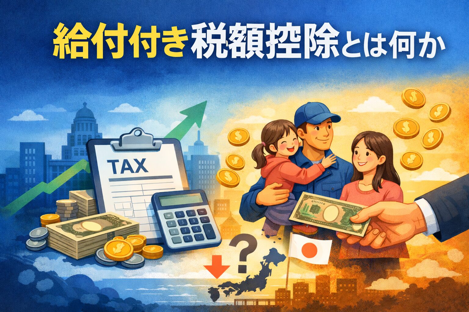 給付付き税額控除の仕組みを示すイメージイラスト。税金の計算書や電卓とともに、低所得の就労世帯に現金が支払われる様子を表現している。