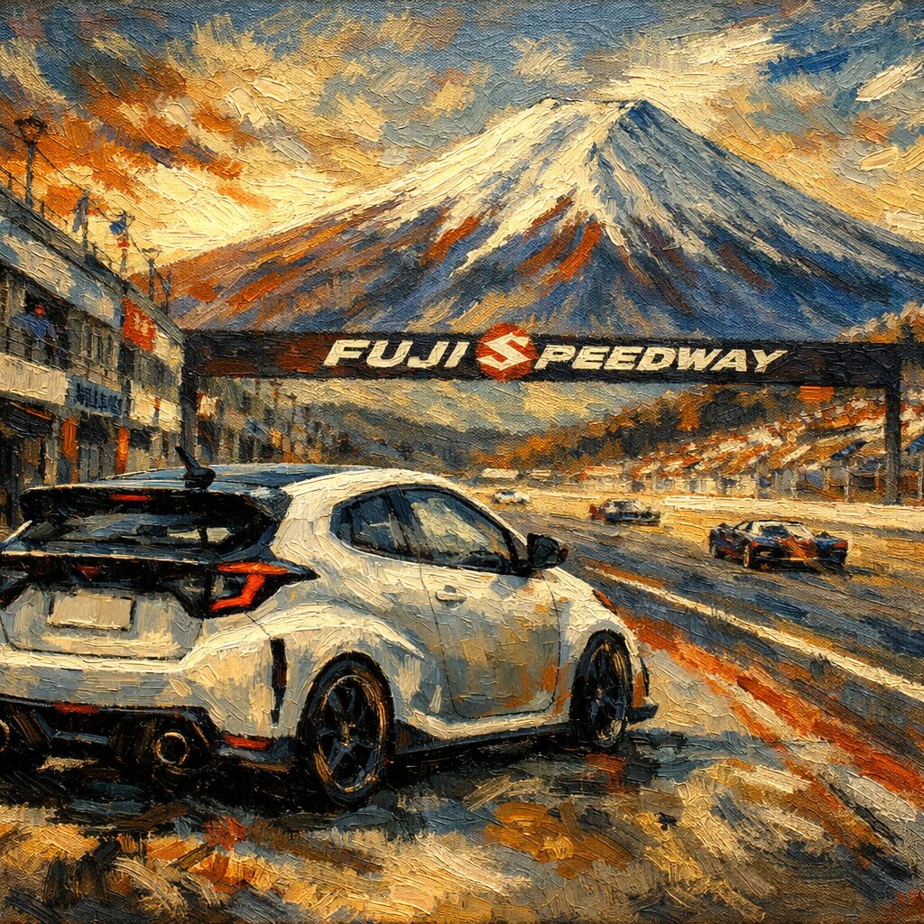 富士スピードウェイのピットレーンに佇むGRヤリスと、その奥にそびえる富士山を、激しい筆致の油絵風で描いたイメージ