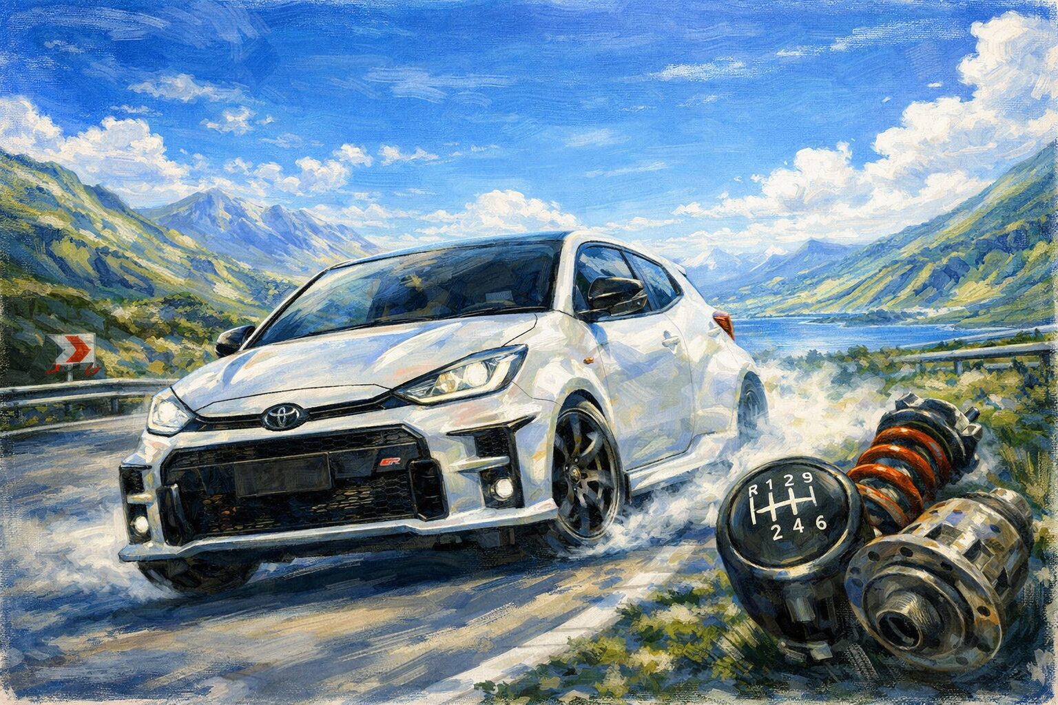 晴天のハイランドのワインディングを走る白いGRヤリスと、前景に配置されたシフトノブとサスペンション部品の油絵風イラスト