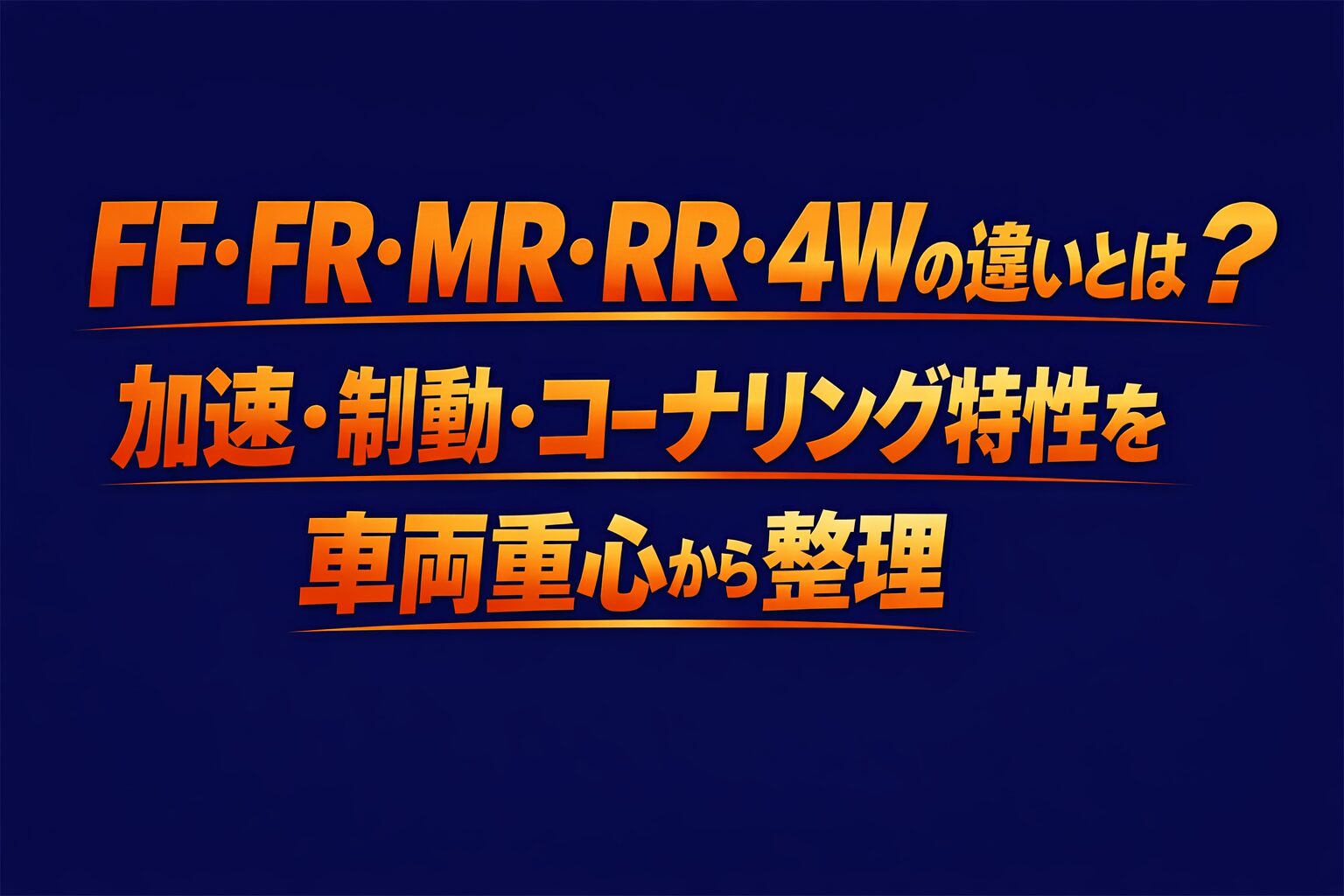 代替テキスト：濃紺の背景に、ややオレンジを帯びた大きな文字で「FF・FR・MR・RR・4Wの違いとは？｜加速・制動・コーナリング特性を車両重心から整理」と配置したシンプルなアイキャッチ画像