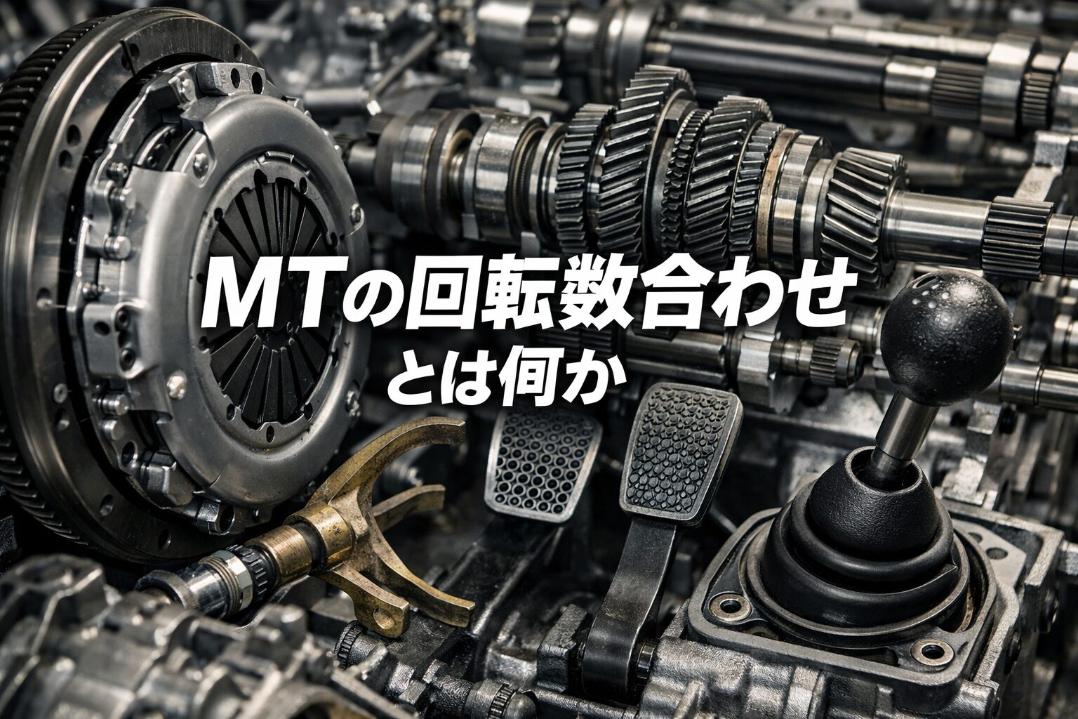 マニュアルトランスミッションのクラッチとギア機構を写したメカニカルな写真風画像。中央に「MTの回転数合わせとは何か」というタイトル文字。
