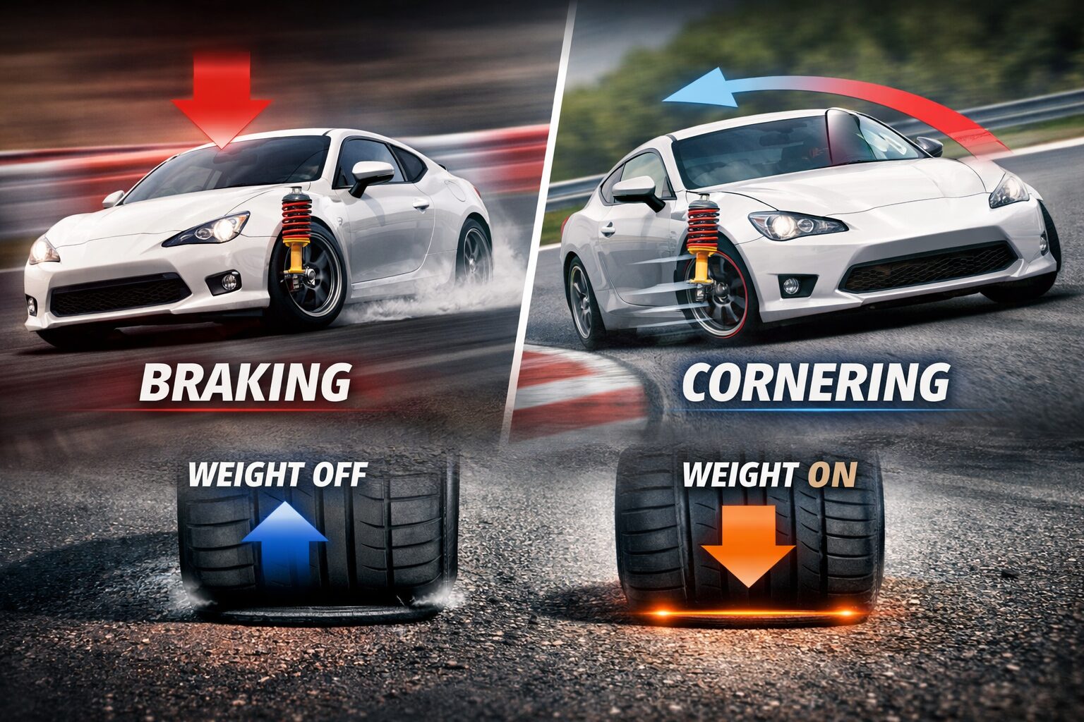 ブレーキングとコーナリング時の荷重移動とサスペンションの動きを示した図。荷重が抜けるタイヤと荷重が乗るタイヤの接地変化を対比し、接地維持とグリップの関係を説明している。
